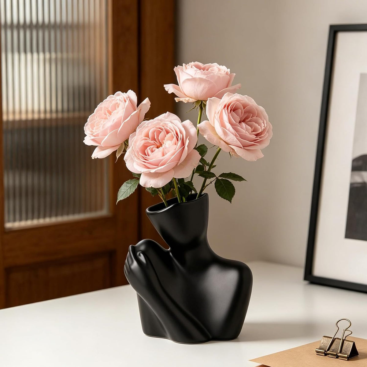 Ceramic Body Vase, Female Form Half Body Vase, Modern Minimalist Boho，Decorative Vase for Living Room, Bedroom, Shelf, Dining Table, Bathroom & Office, (Black Shoulder-Grazing Style)