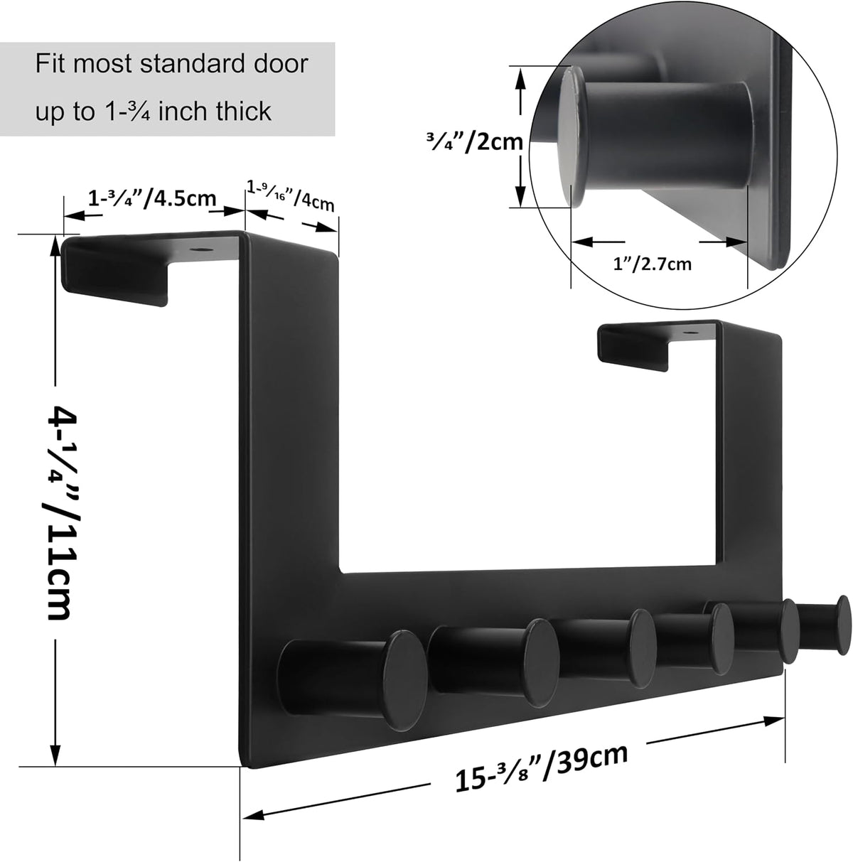 WEBI Over The Door Hooks,Over The Door Towel Rack with 6 Peg Hooks for Hanging,Over Door Hanger Coat Rack for Behind Back of Bathroom,Black,2 Packs