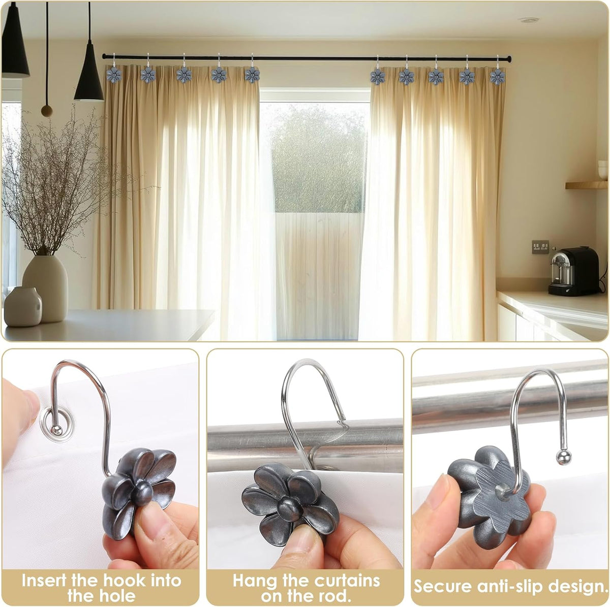 3D Floral Shower Curtain Hooks, 12 Pcs Rust Proof Resin Metal Hooks Shower Curtain Rod Rings, Ideal for Bathroom, Bedroom, Living Room Fun Home Decor (Moonstone Grey