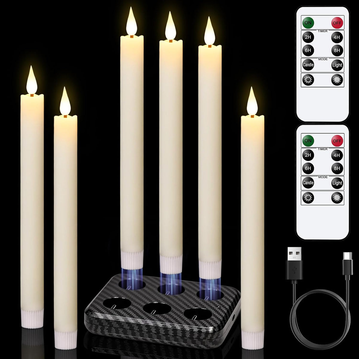Rechargeable Flameless Taper Candles Flickering with 2 Remote Timer