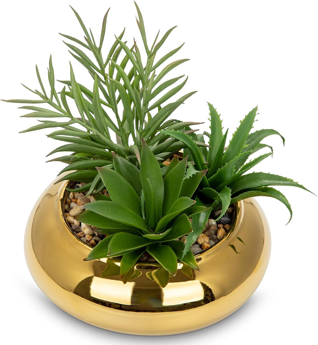 Hollyone Large Artificial Succulents Plants Faux Succulents with Gold Pots Fake Succulent Potted Plants in Ceramic Pot for Home Decor Office Desk Bathroom Living Room Indoor & Outdoor Decorations