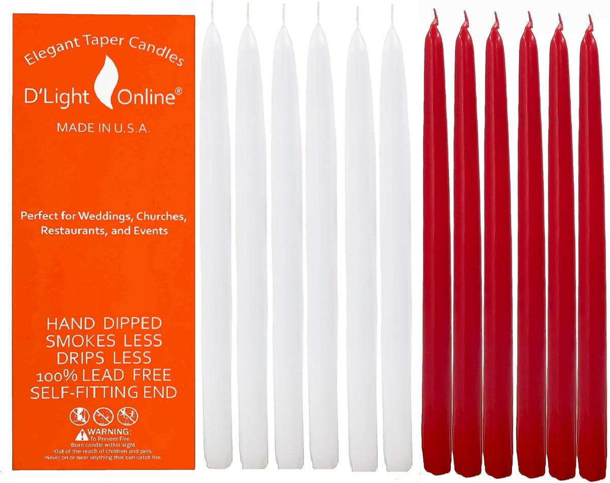 D'light Online Elegant 10" Holiday Taper Candles Premium Quality- Unscented, Hand-Dipped Tapered Candles, Dripless and Smokeless - Set of 12 (10 Inch, Holiday)