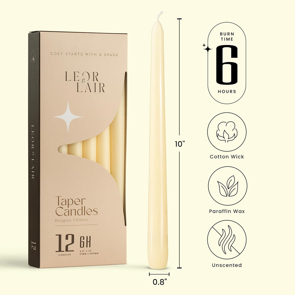 Leor & Lair Ivory Taper Candles, 12 Pack, 10" Unscented Ivory Candlesticks