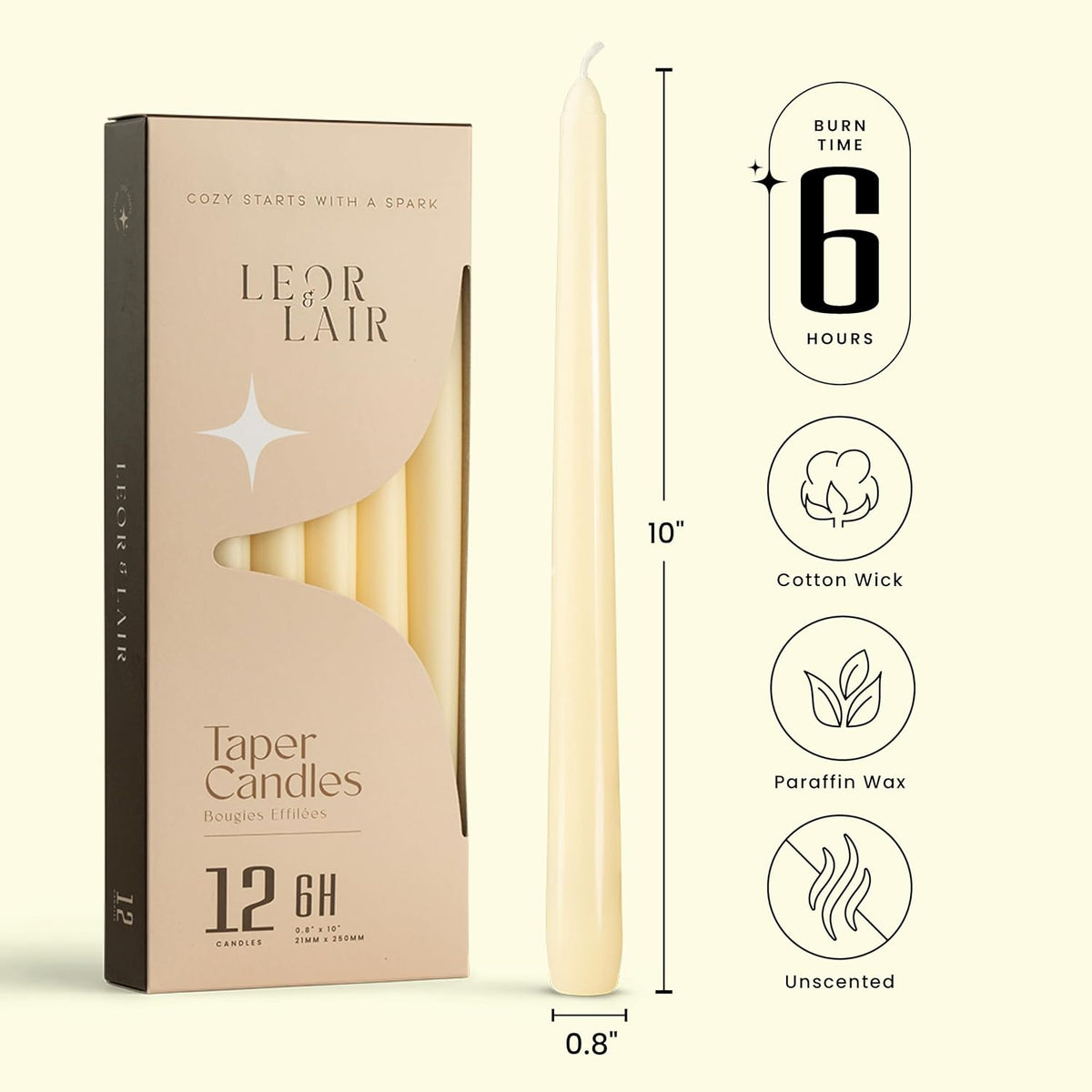 Leor & Lair Ivory Taper Candles, 12 Pack, 10" Unscented Ivory Candlesticks