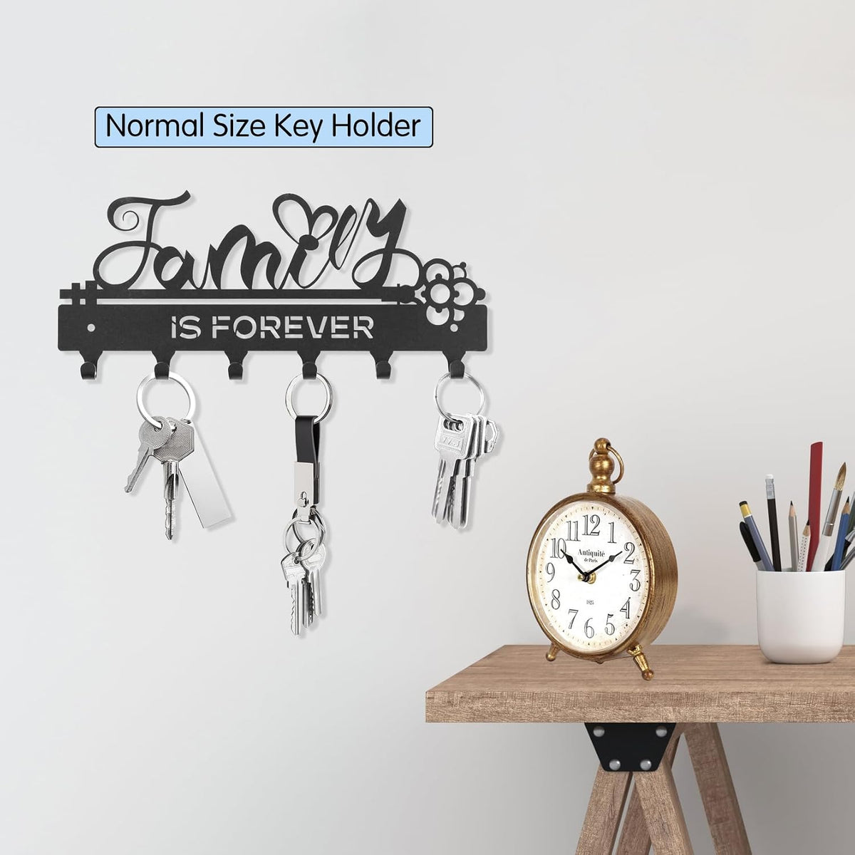 ”Family Is Forever“Key Holder Wall Mounted, Black Metal, Size:11x4.84inches