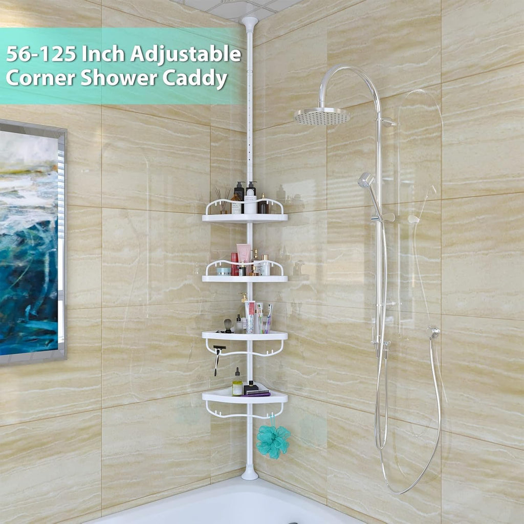 Shower Caddy Tension Pole with 4 ABS Baskets,Shower Storage Shelf with 56 to 125 Inch Adjustable Stainless Pole for Bathroom White