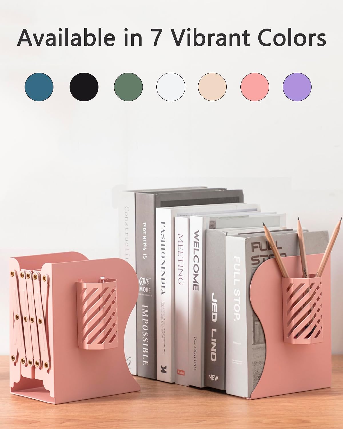 Kingsmile Book Ends, Adjustable Heavy Duty Metal Book Stoppers with Pen Holder for Desk Office Library Kids Room(Pink)