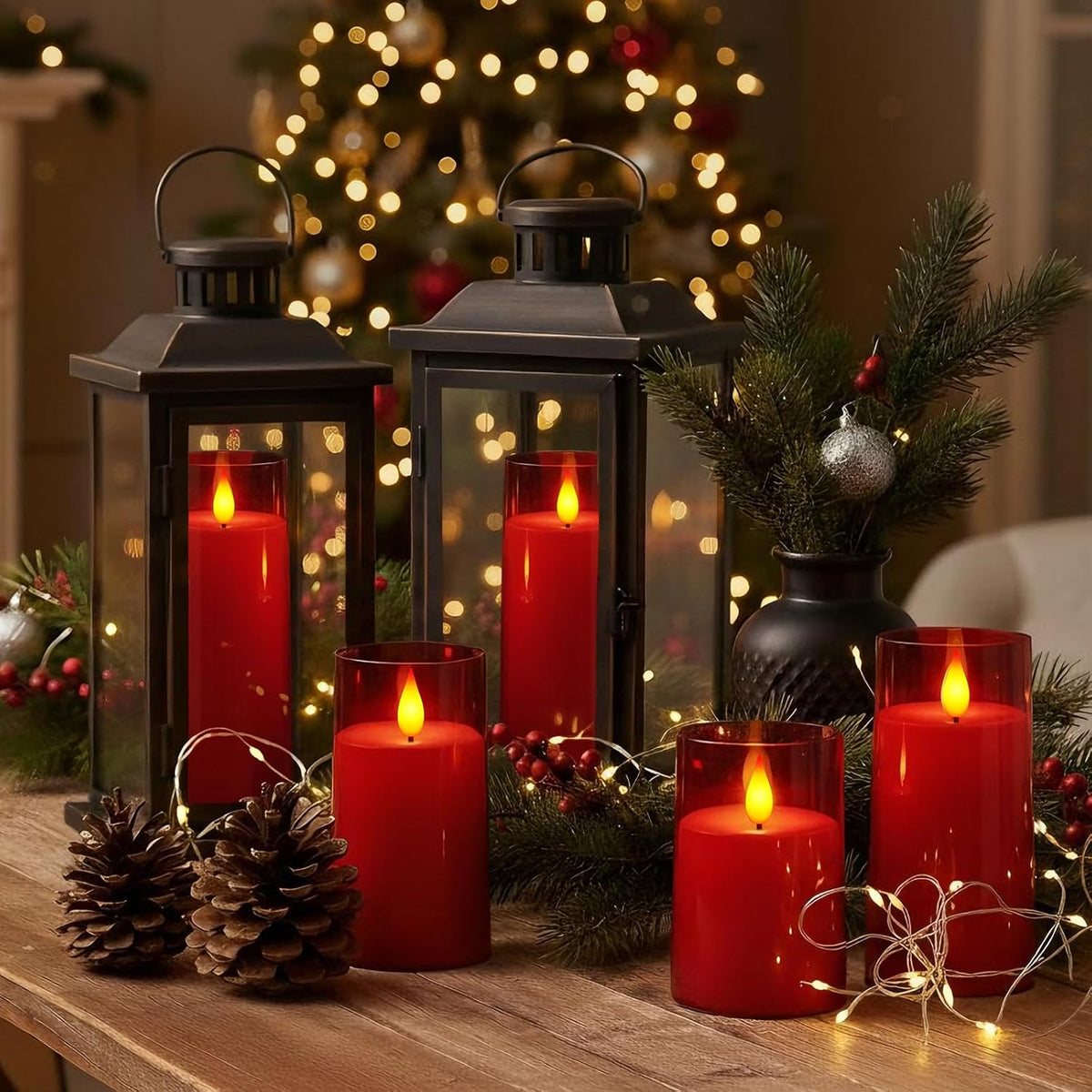 Raycare Battery Operated Flameless Pillar Candles with Remote Timer, Red