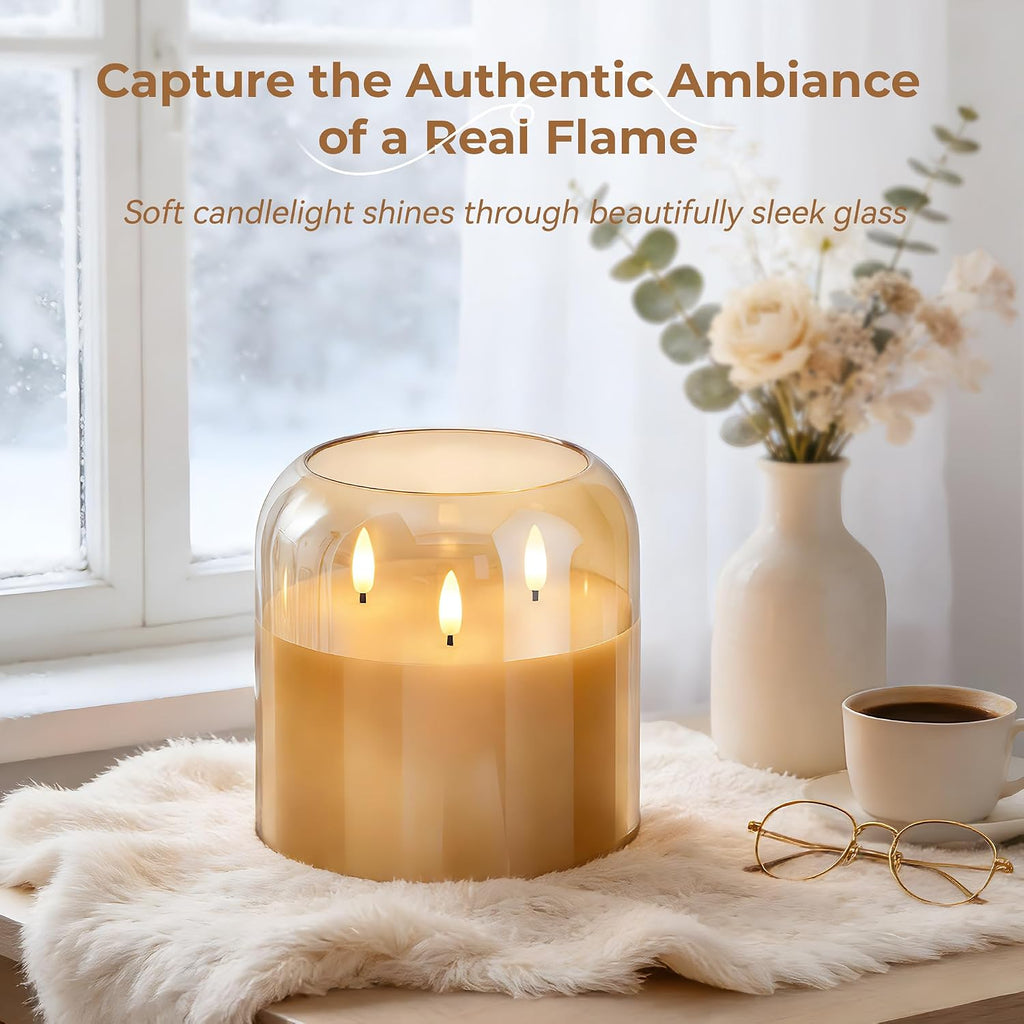 3 Wick Flameless Candle with Remote, Gold Glass, Wax, Battery Operated LED