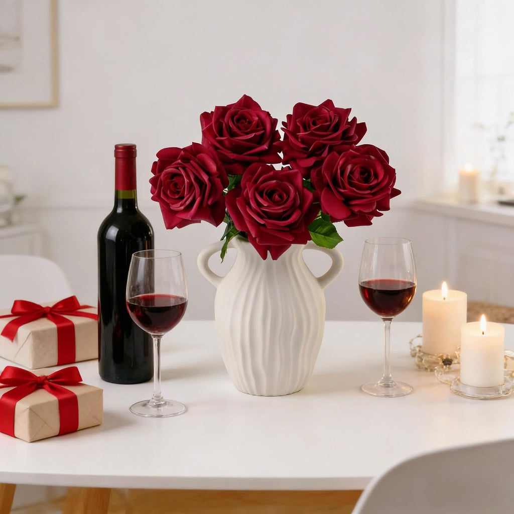 Real Touch Roses Artificial Flowers, 5Pcs Dark Red Faux Silk Rose