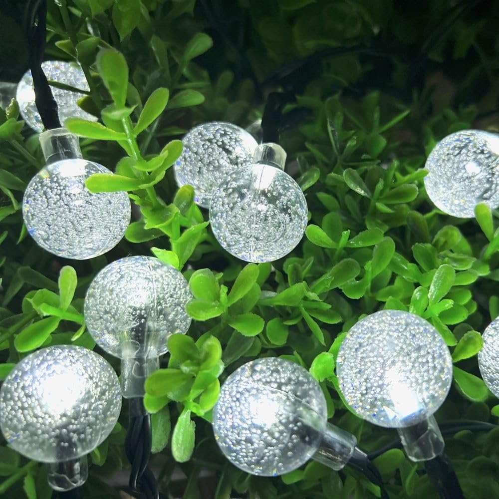 Solar String Lights Outdoor, 20ft Waterproof 30 LEDs 8 Modes Crystal Globe Solar String Fairy Lights Backyard Patio Christmas Lights for Holiday Party Gardens Backyard Wedding (White)