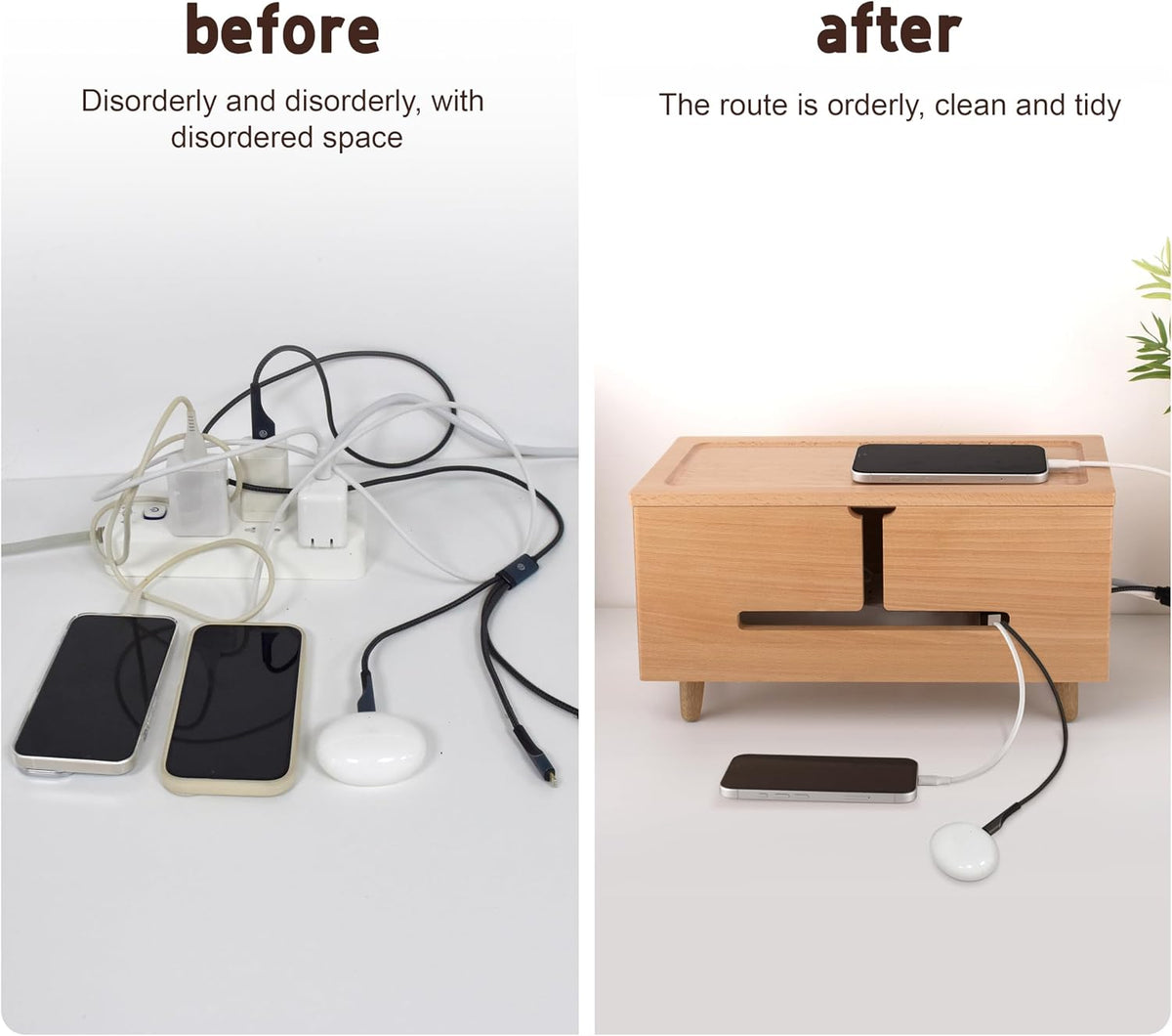 Natural Beechwood Large Cable Management Box for Power Strip & Cord Hider