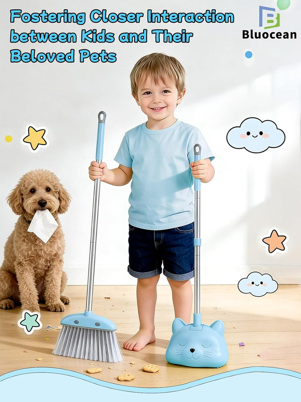 Toddler Cleaning Toy Set -28'' Kids Mini Broom with Dustpan & Mop, Toddler Household Helper, Parent-Child Interactive Play Cleaning Tool, Cute Cartoon Design, Small Safe Corner Broom (Blue)