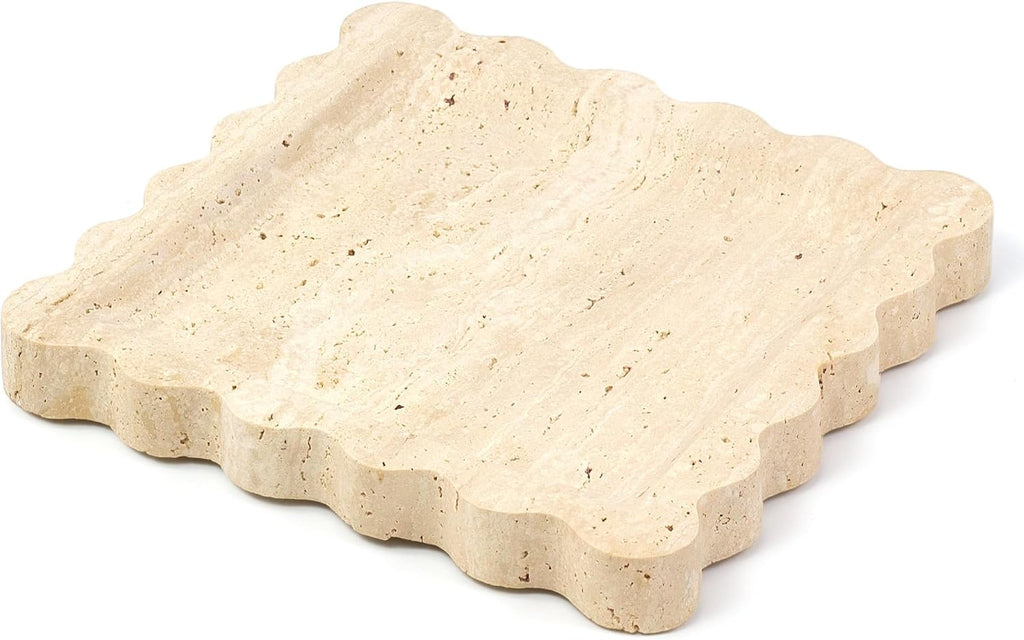 YMXYJM Travertine Marble Tray, Scalloped Stone Coffee Table Tray Decor - 8"