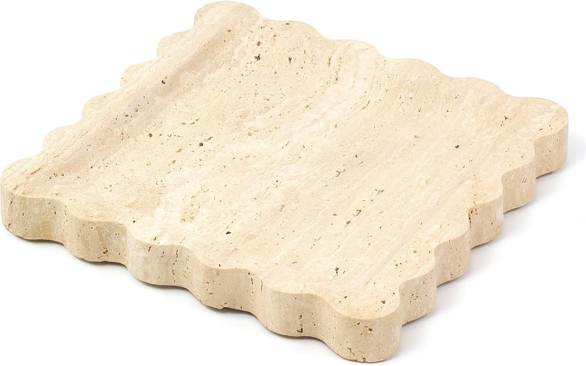 YMXYJM Travertine Marble Tray, Scalloped Stone Coffee Table Tray Decor - 8"