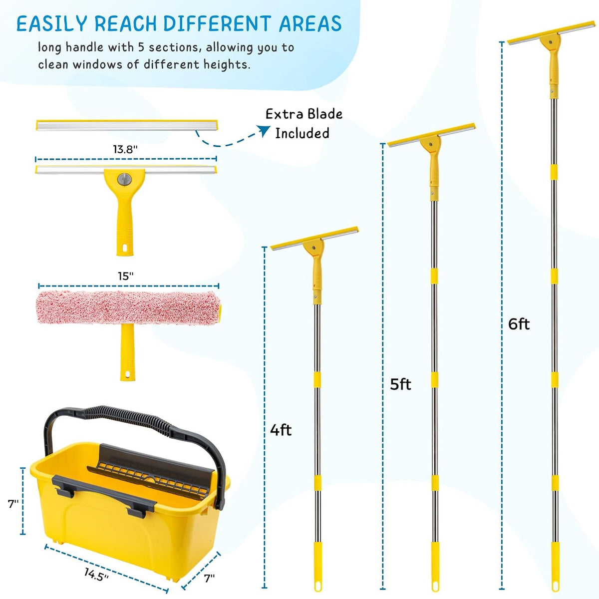 Professional Window Cleaning Kit with 3 Gallon Bucket, 6 Ft Long Handle Glasses Cleaner Squeegee with Spray Bottle and Scrubber for Home and Commercial Use, Car Windshield Washing Tool, Yellow