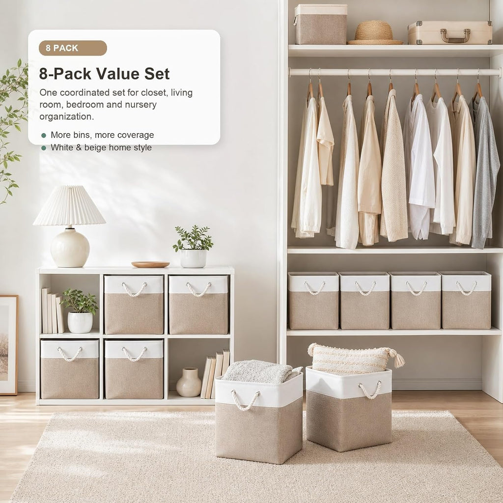 11x11 Inch Cube Storage Bins, 6 Pack Collapsible Fabric Storage Cubes with Rope Handles, Waterproof Foldable Storage Baskets for Cube Shelves, Closet, Clothes, Toys, Books, White & Beige Gold