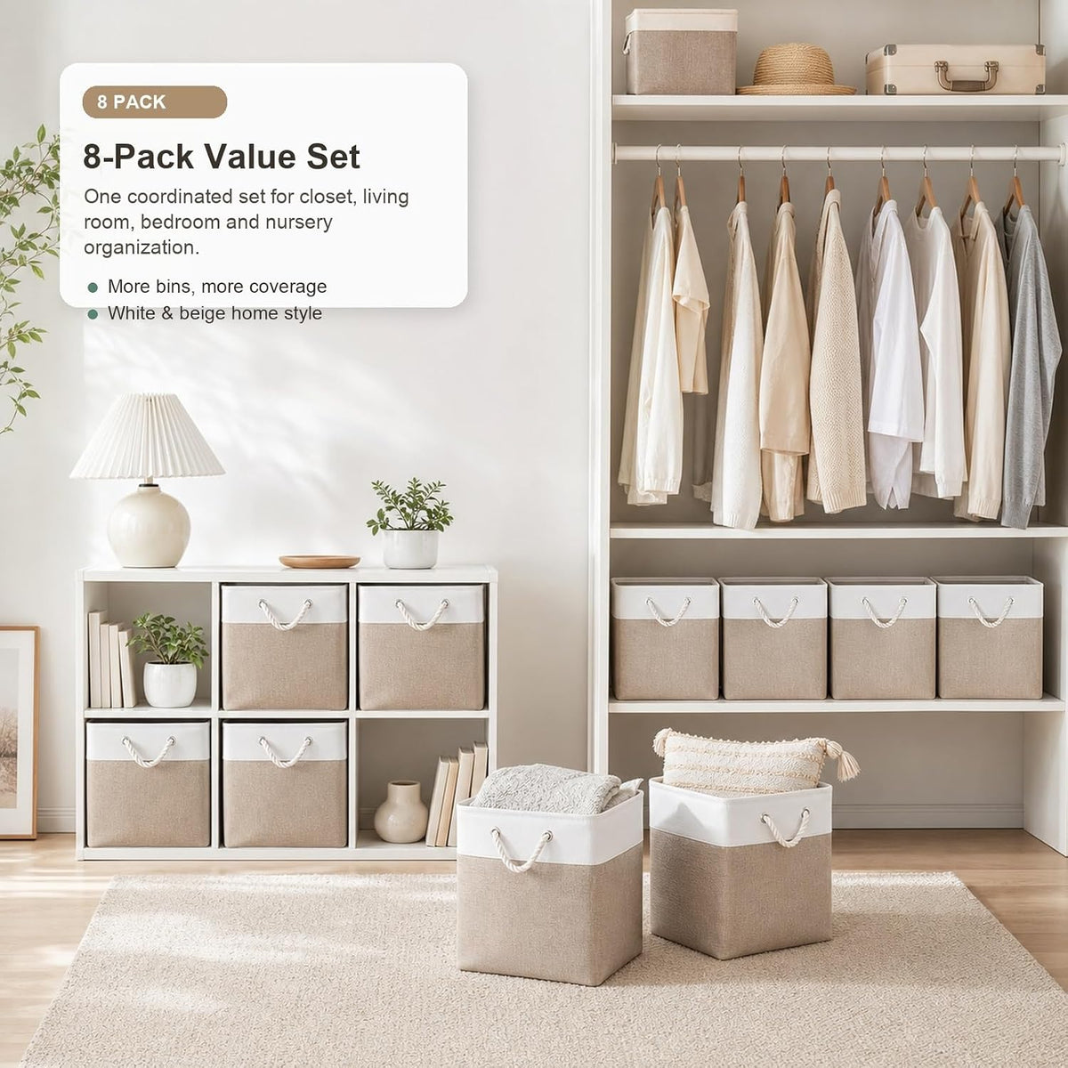 11x11 Inch Cube Storage Bins, 6 Pack Collapsible Fabric Storage Cubes with Rope Handles, Waterproof Foldable Storage Baskets for Cube Shelves, Closet, Clothes, Toys, Books, White & Beige Gold