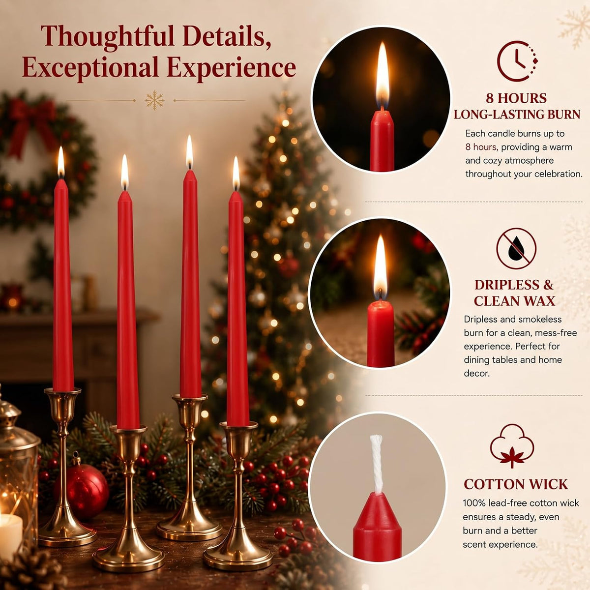 Conelist 4 Pcs 9" Christmas Cinnamon Apple Taper Candles, Dripless Beeswax