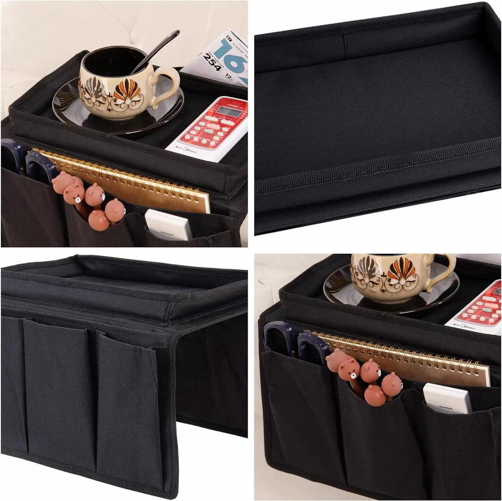 Sofa Armrest Organizer with Cup Holder No-Slip Couch Sofa Armrest Organiser Couch Remote Caddy Control Holder with 1 Large Pockets and 3 Small Pockets for TV Remotes Cellphone Magazines Drinks (Black)