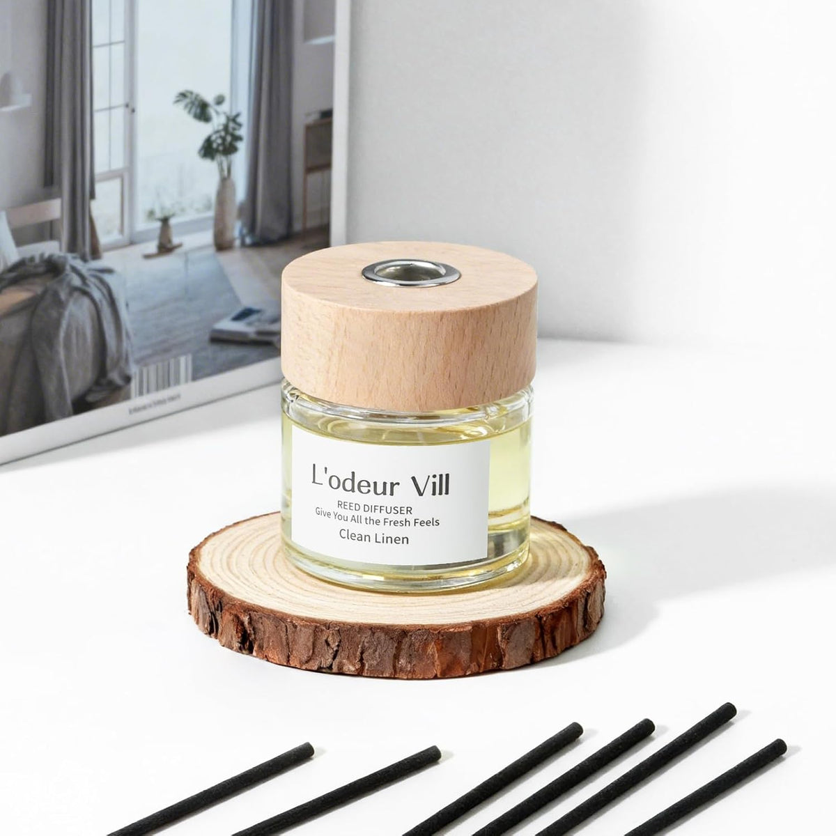 L'odeur Vill Reed Diffuser Set,Clean Linen 3.4 fl oz(100 ml) Oil Diffuser with 6 Reed Sticks, Home Fragrance Reed Diffuser for Bathroom Shelf Decor Scent Diffuser