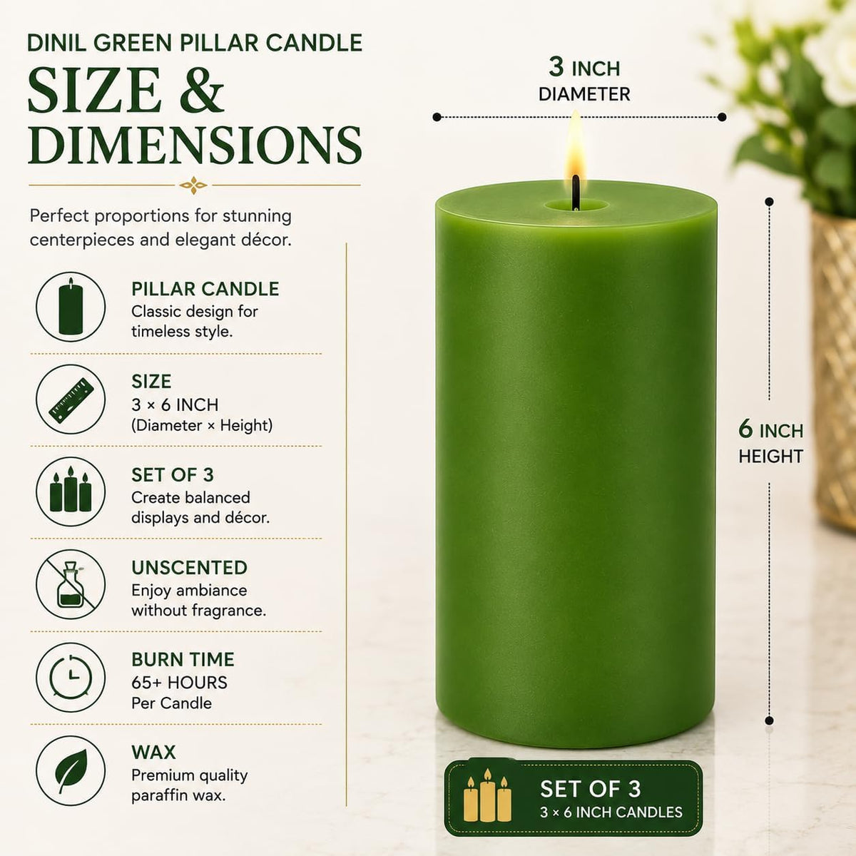 Dinil Green Pillar Candles 3x6 Inch, Set of 3 Unscented Dripless Smokeless Candles, 65+ Hour Burn Time for Wedding Centerpiece, Dinner Table & Home Decor