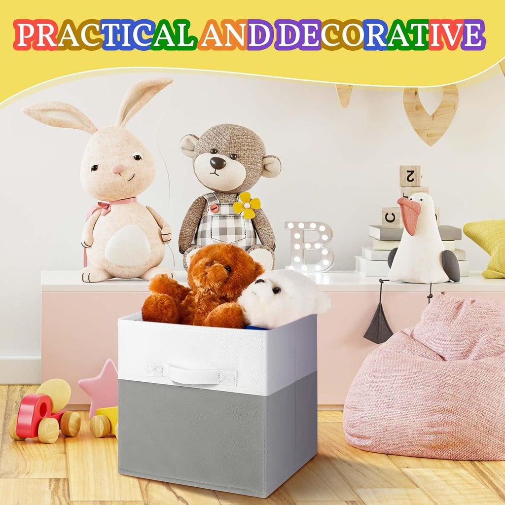Yinder 6 Pcs Cube Storage Bin White Gray 10.5''x10.5''x11'' Storage Bins for Playroom Decor Colorful Bins for Kids Foldable Baskets for Nursery Organizer Boxes Fabric Boxes