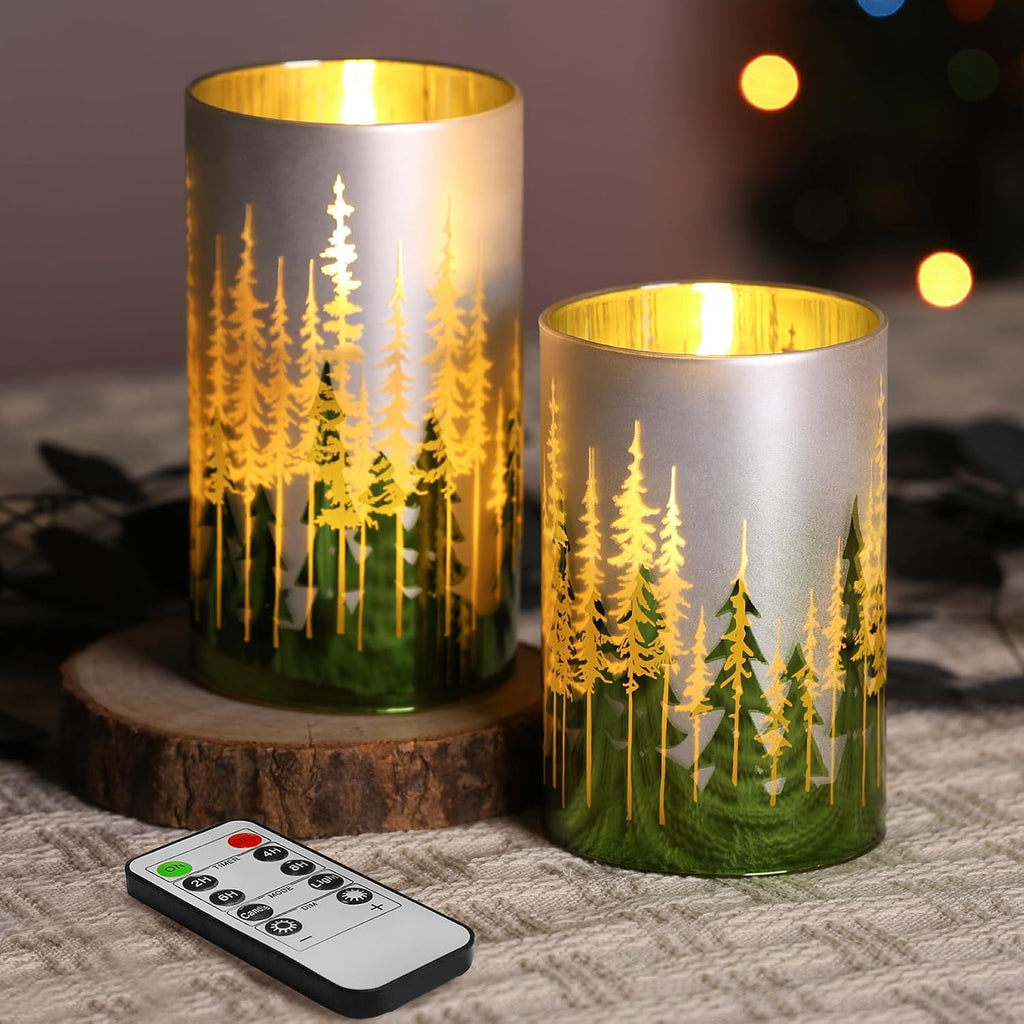 Eywamage Gold Green Christmas Tree Glass Flameless Candles with Remote