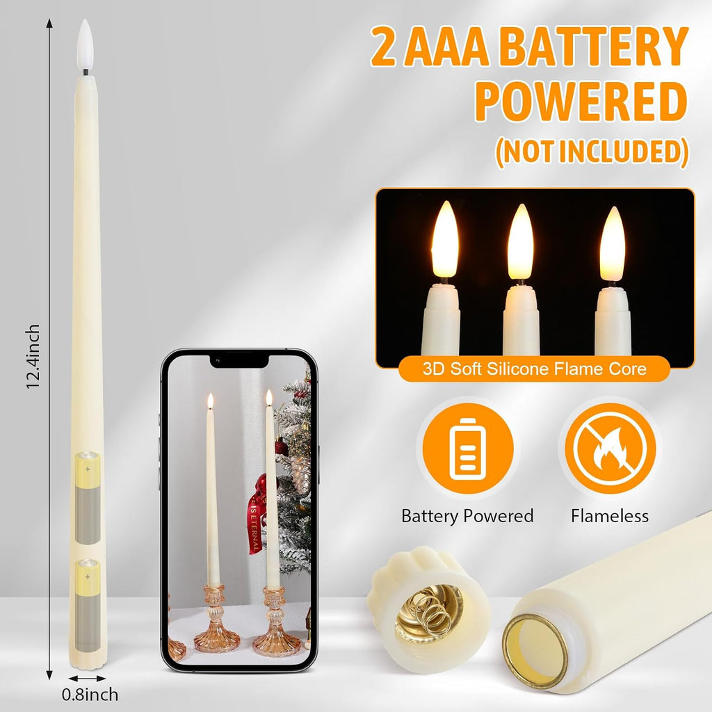 Baquler 50 Pcs 12.4 Ivory Flameless Taper Candles Bulk