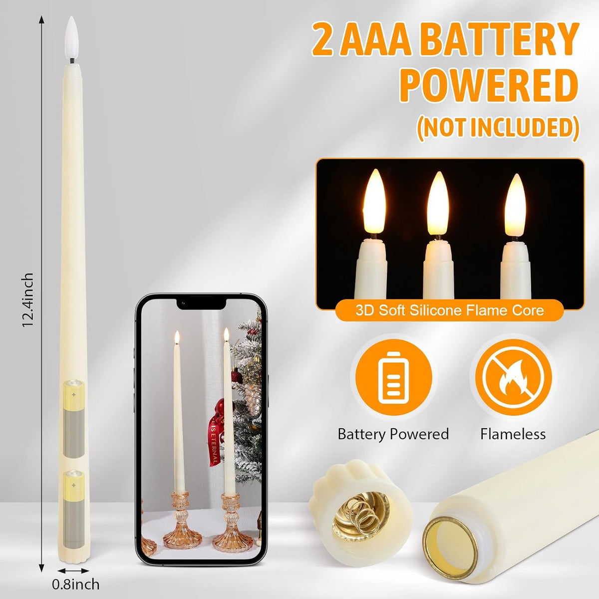 Baquler 50 Pcs 12.4 Ivory Flameless Taper Candles Bulk