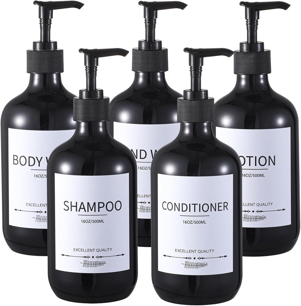 Stylish Shampoo Dispenser Bottles,(5Pack) 16.9oz Black Shampoo Bottles Refillable with Pump,Shampoo and Conditioner Dispenser