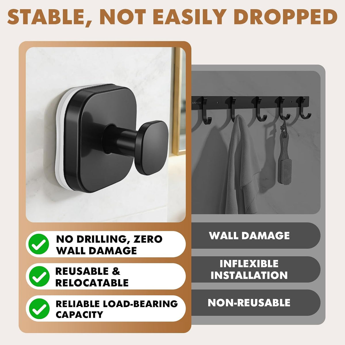 Suction Cup Hooks Steel for Bathroom, Heavy Duty, Waterproof, No Drill