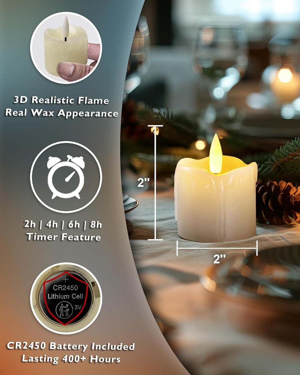 Homemory 2"x2" Real Wax Flameless LED Votive Candles, Timer Remote, 6 Pack