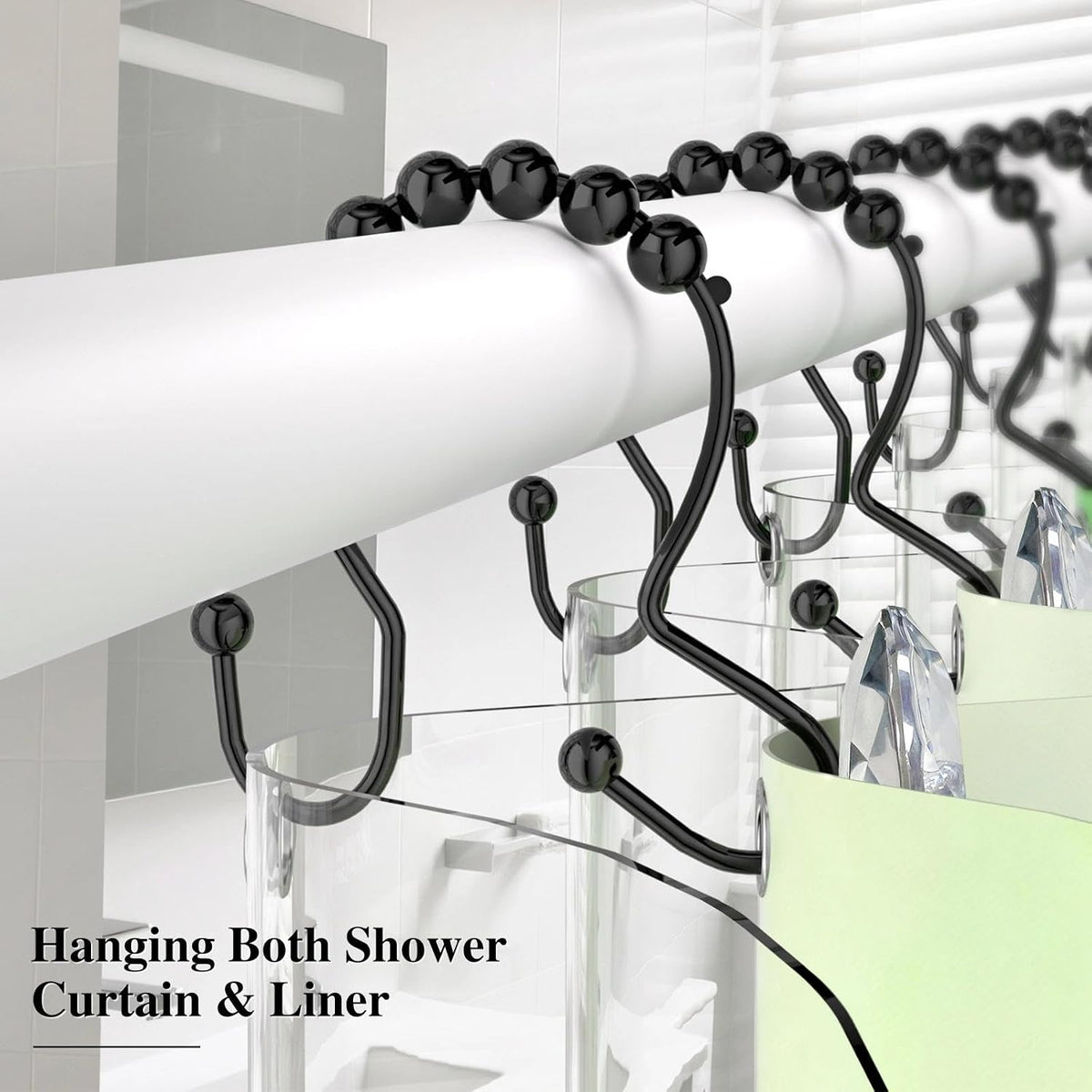 Goowin Shower Curtain Hooks, Crystal Shower Curtain Rings, Stainless Steel Black Shower Curtain Hooks, Metal Shower Curtain Hangers, Decorative Double Shower Hooks for Shower Curtain & Liner, Black