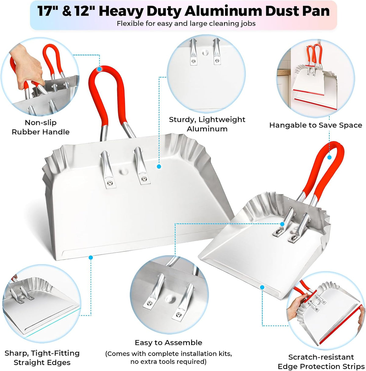 2 Pack Metal Dust Pan 17" and 12", Aluminum Heavy Duty Dust Pans with Non-Slip Rubber Handle, Durable Lightweight Large & Small Dustpan for Sweeping, Garage, Leaf, Household, Outdoor Cleaning