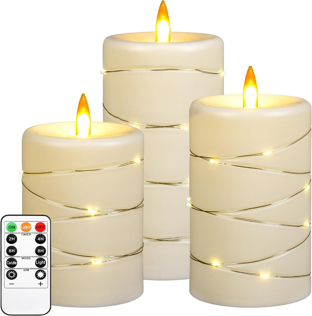 Upinmz Flickering Flameless Candles with String Lights, Battery Operated Candle, LED Pillar Fake Candle with Remote Control and Timer -3 Pack Ivory White