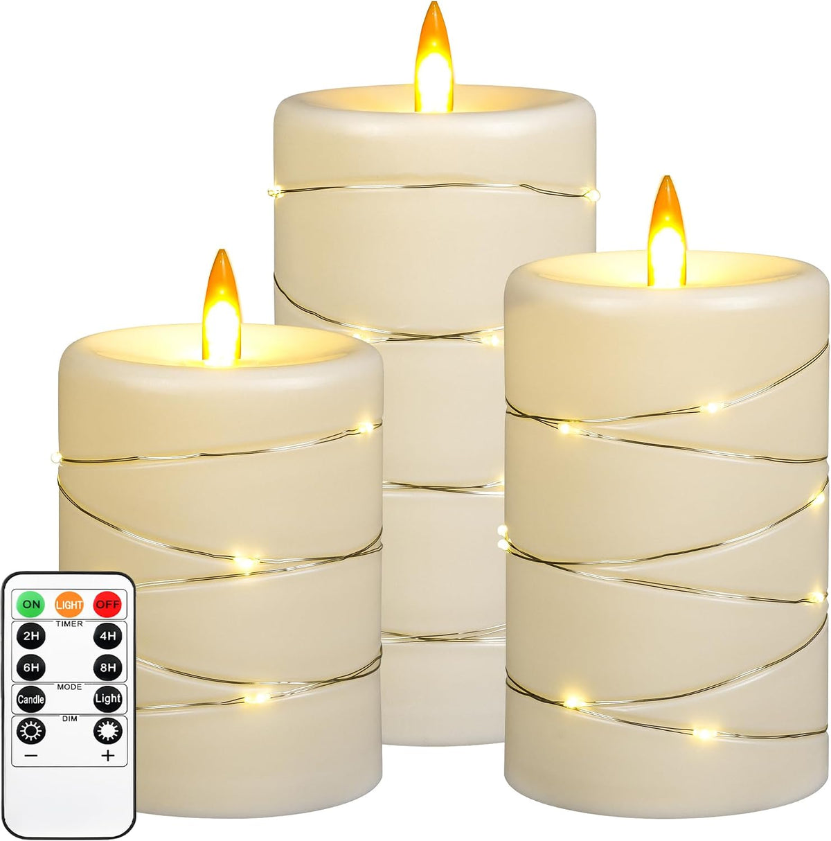 Upinmz Flickering Flameless Candles with String Lights, Battery Operated Candle, LED Pillar Fake Candle with Remote Control and Timer -3 Pack Ivory White