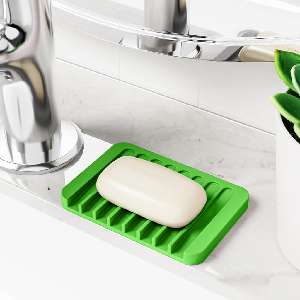 4-Pack Self Draining Soap Dish for Shower Bathroom Waterfall Silicone Soap Saver Tray Sponge Holder for Kitchen Sink Non-Slip Easy Clean (Purple and Green)
