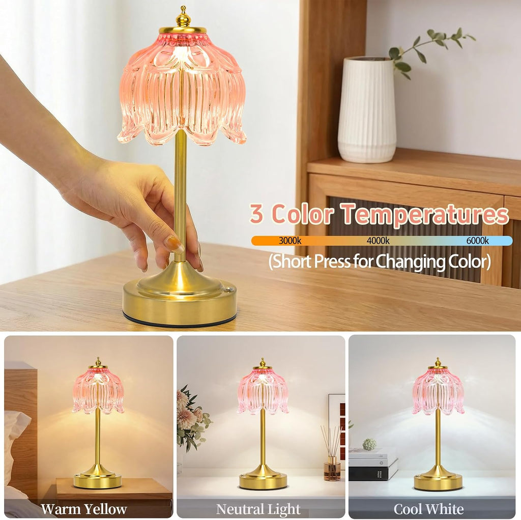 Cordless Table Lamp, Rechargeable Pink Glass Lotus Flower Lamp