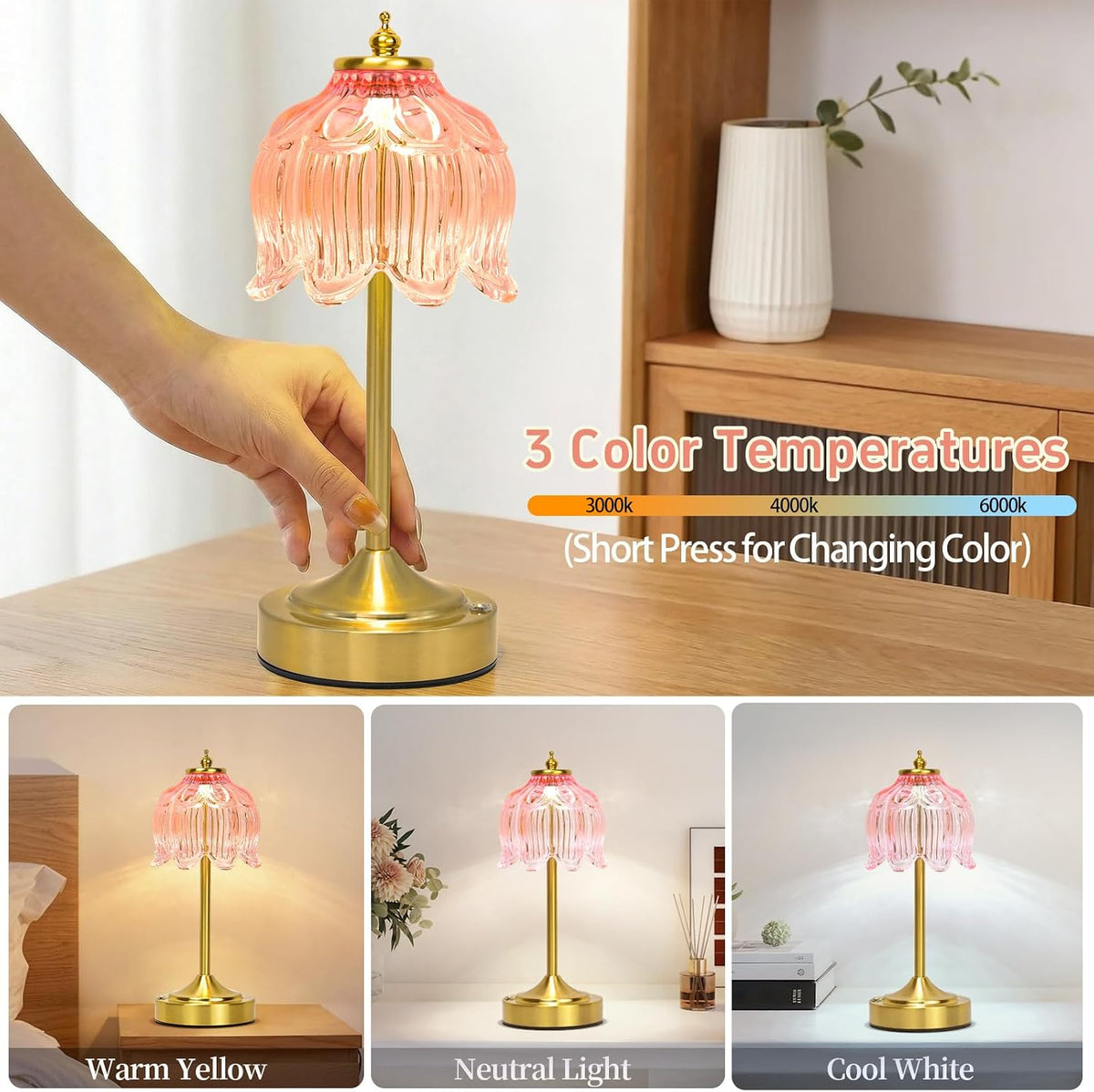 Cordless Table Lamp, Rechargeable Pink Glass Lotus Flower Lamp