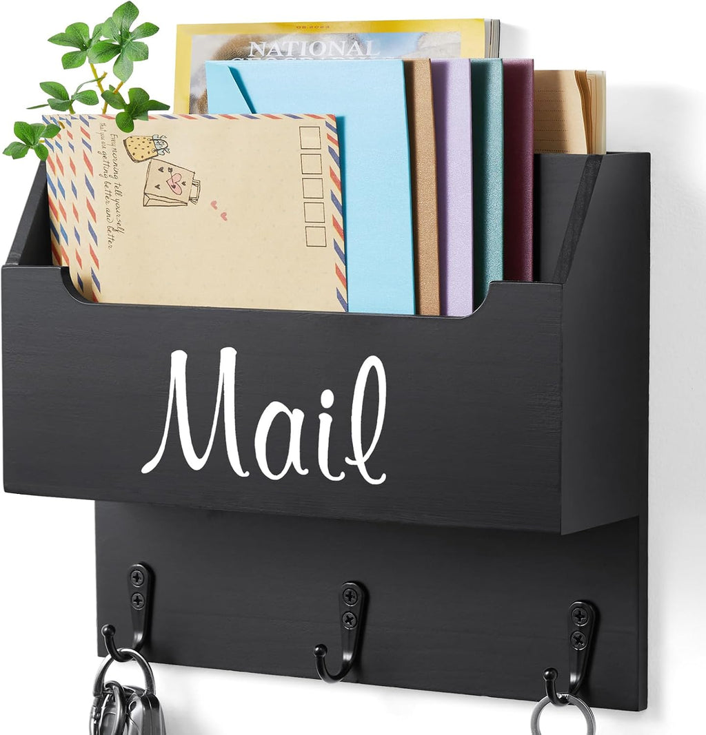DRASTAR Mail Organizer Wall Mounted, Wooden Mail Sorter & Key Holder for Wall, Hanging Mail Organizer, Black Mail Basket for Home Office