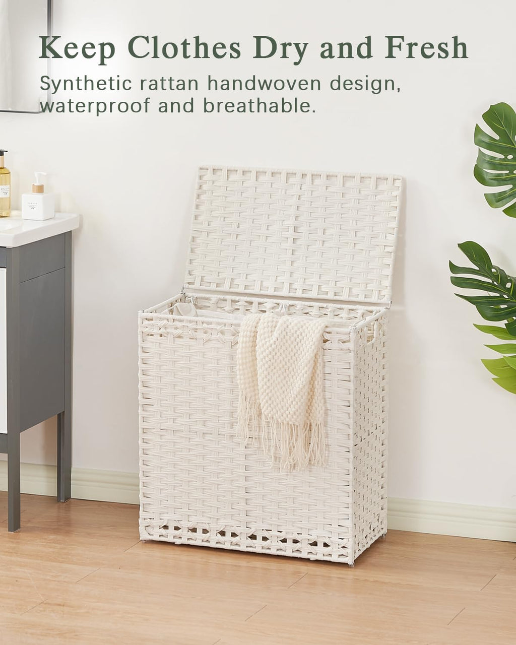 SETVSON Laundry Hamper with Lid Wicker Laundry Basket, White