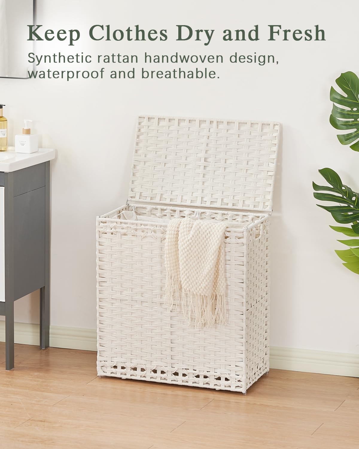 SETVSON Laundry Hamper with Lid Wicker Laundry Basket, White