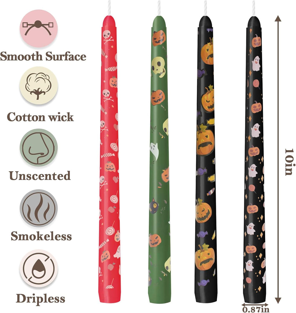 Halloween Candles Set | 4 Pack Printed Floral Candles - Unscented and Smokeless Tall Candlesticks for Home Décor Halloween and Fall Harvest Dinner