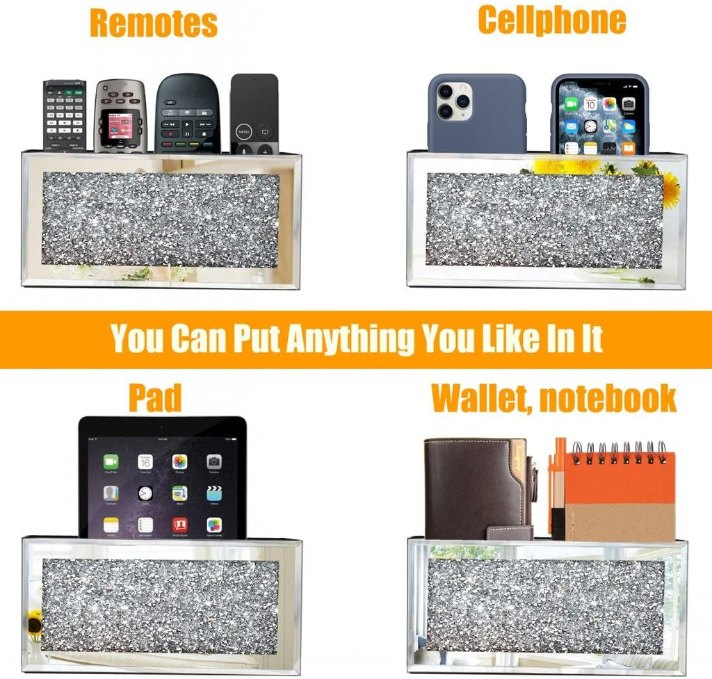 Mirrored Remote Holder, Wall Mounted Crush Diamond Bling Decoration Organizer Storage Box for Remote Phone Pad Wallet Notebook (8.3"×2.5"×4" For 3 or 4 Remote Controls)