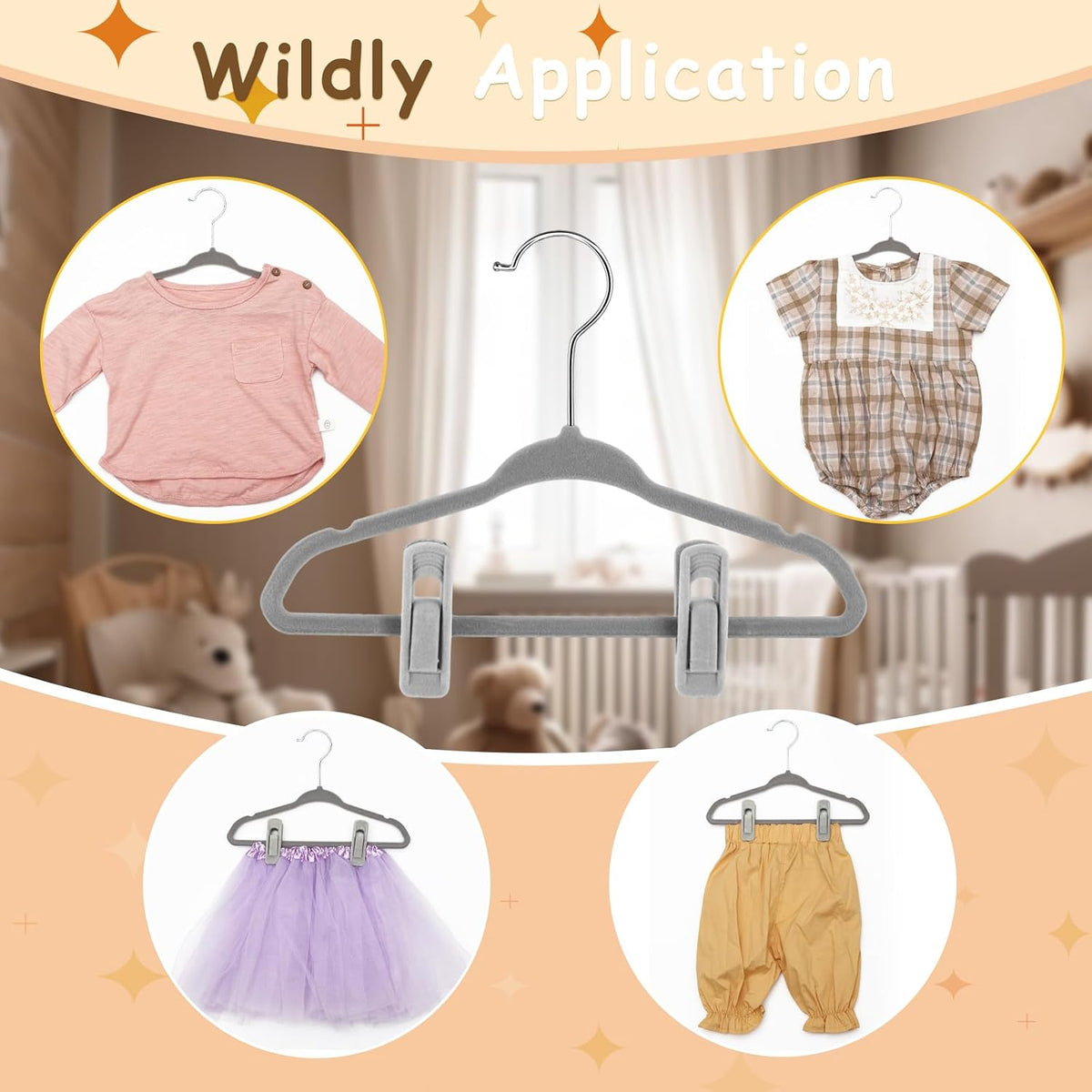 Soaoo 20 Pcs Grey Velvet Kids Hangers with Clips, 11 Inch Non-Slip Slim
