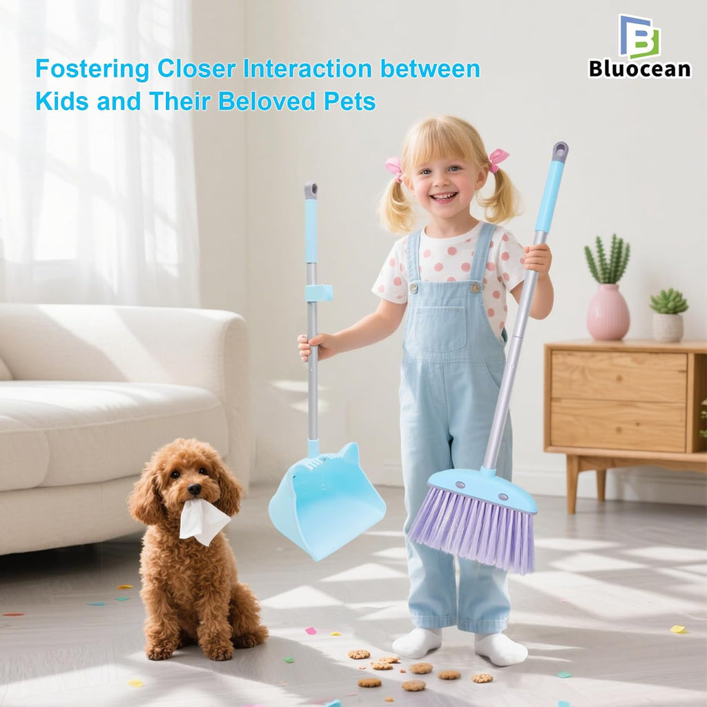 28'' Kids Mini Broom and Dustpan - Toddler Cleaning Toy Set, Toddler Household Helper, Parent-Child Interactive Play Cleaning Tool, Cute Cartoon Design, Small Safe Corner Broom (Blue)