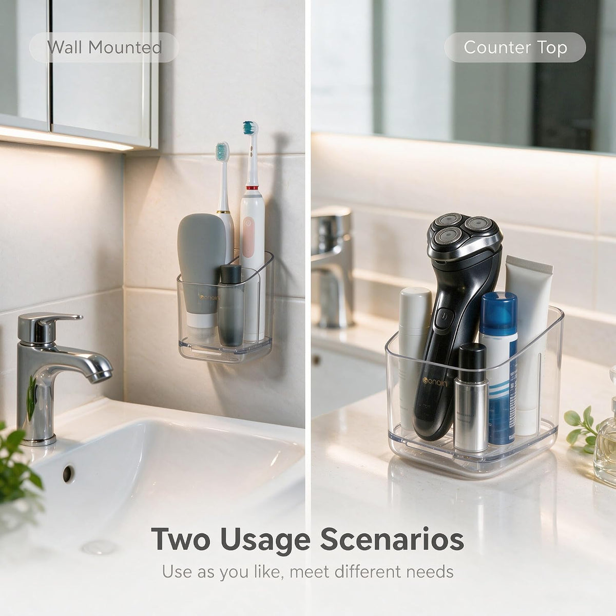 Toothbrush Holders for Bathroom - Detachable Divided Design, Drawer Drainage Tray, Adhesive Wall-Mounted/Countertop Dual-Use, Large Capacity Organizer for Bathroom/Kitchen/Office, Easy Install (Grey)