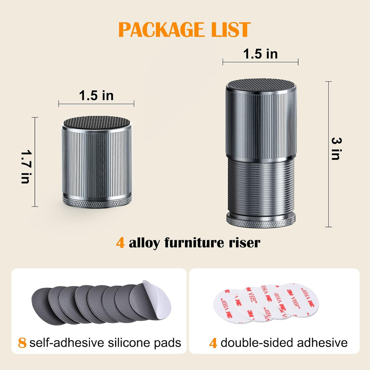 Metal Bed Risers 3 inch, Adjustable Furniture Riser Heavy Duty-Sliver 4 Pcs