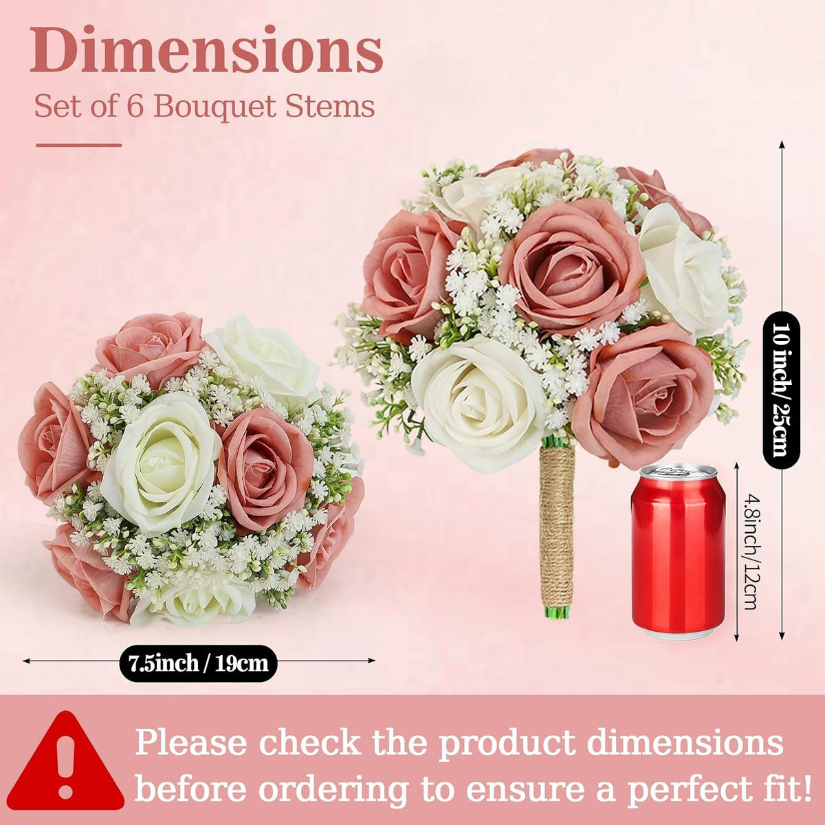 Wedding Artificial Bridesmaids Bouquets Set of 6-Faux Babys Breath Dusty Pink Fake Gypsophila Bouquet for Bridesmaid, Real Touch Small Bouquet for Bridesmaids Wedding Bridal Shower Centerpieces-7 Inch